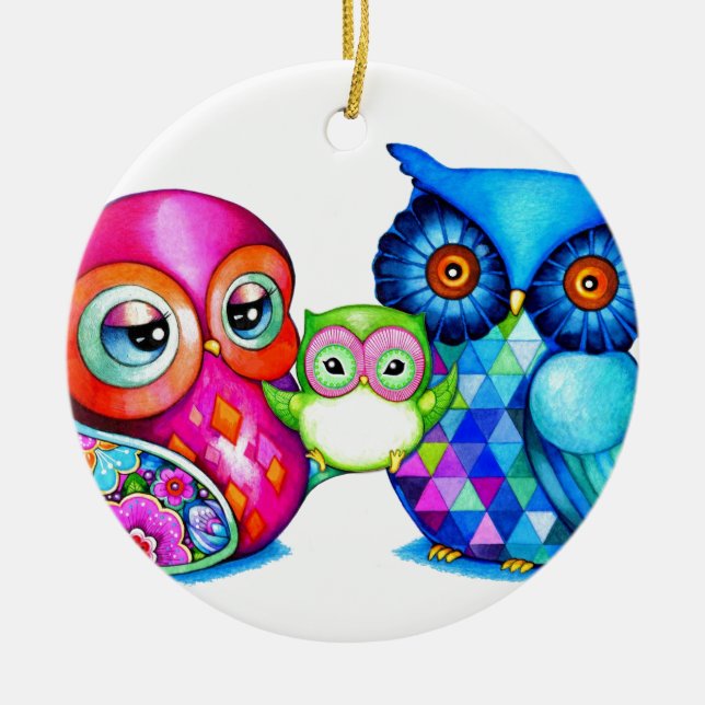 Owl Parents and Baby Ceramic Ornament (Front)