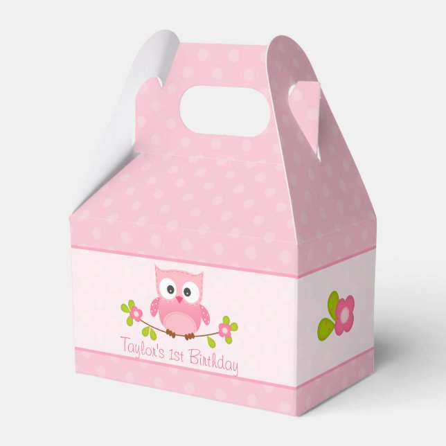 Owl Party Favor Gable Box (Pink Girl Birthday) (Front Side)