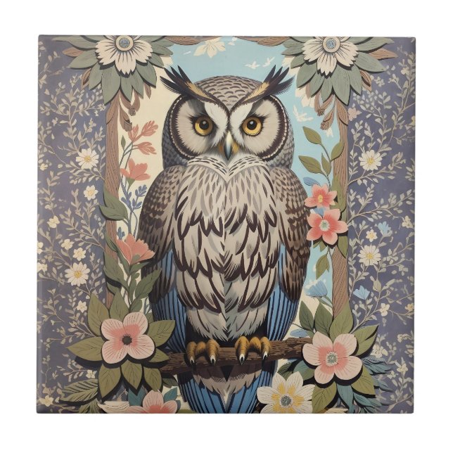 Owl Pastel Floral William Morris Inspired Ceramic Tile (Front)
