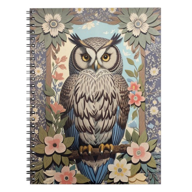 Owl Pastel Floral William Morris Inspired Notebook (Front)