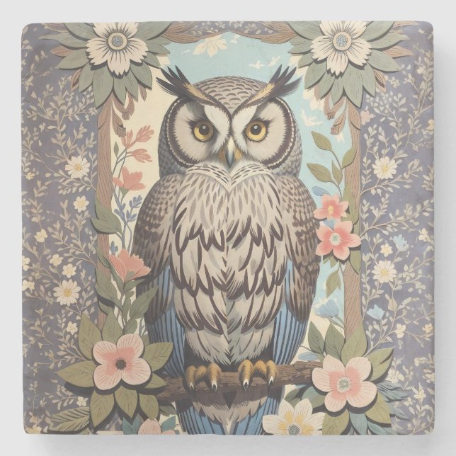 Owl Pastel Floral William Morris Inspired Stone Coaster (Front)
