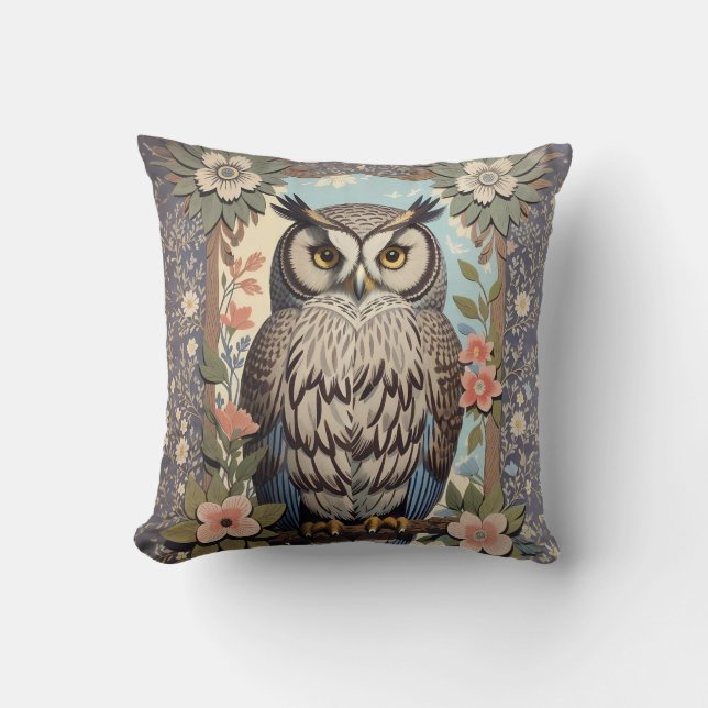 Owl Pastel Floral William Morris Inspired Throw Pillow (Front)