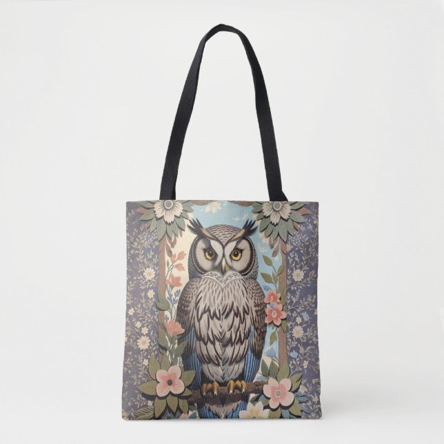 Owl Pastel Floral William Morris Inspired Tote Bag (Front)