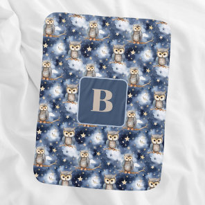 Owl pattern blue night monogram baby blanket