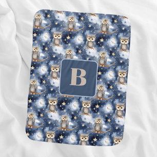 Owl pattern blue night monogram baby blanket