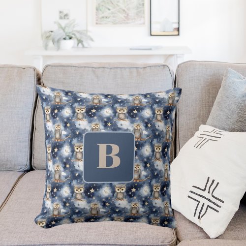 Owl pattern blue night monogram throw pillow
