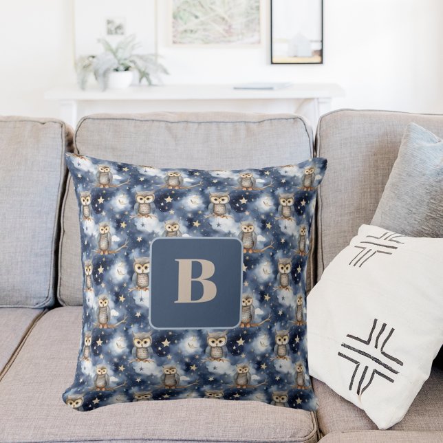 Owl pattern blue night monogram throw pillow (Creator Uploaded)