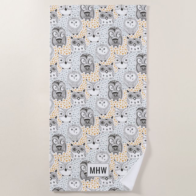 Owl Pattern custom monogram beach towel (Front)