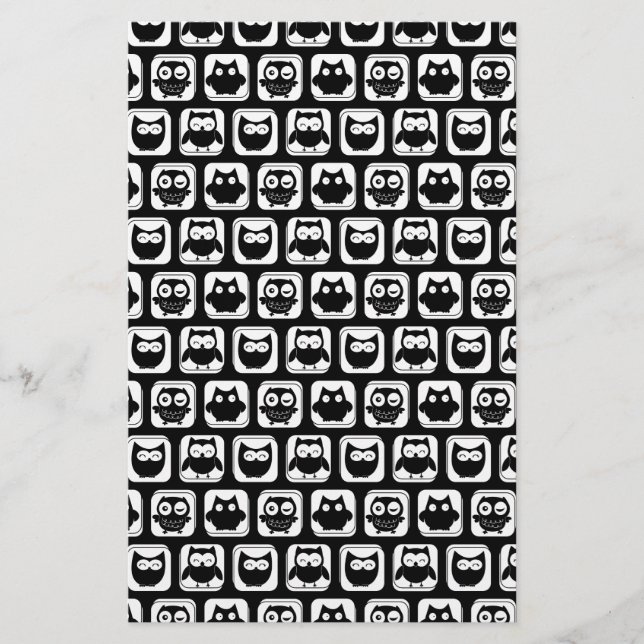 Owl Pattern in Black and White Stationery (Front)