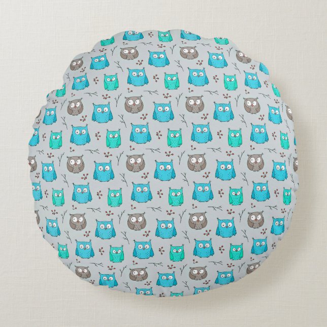 Owl pattern non repeating round pillow (Front)