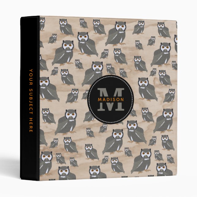 Owl Pattern & Rustic Wood Monogram  3 Ring Binder (Front/Spine)