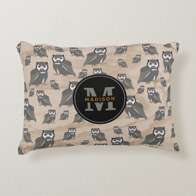 Owl Pattern & Rustic Wood Monogram Accent Pillow (Front)