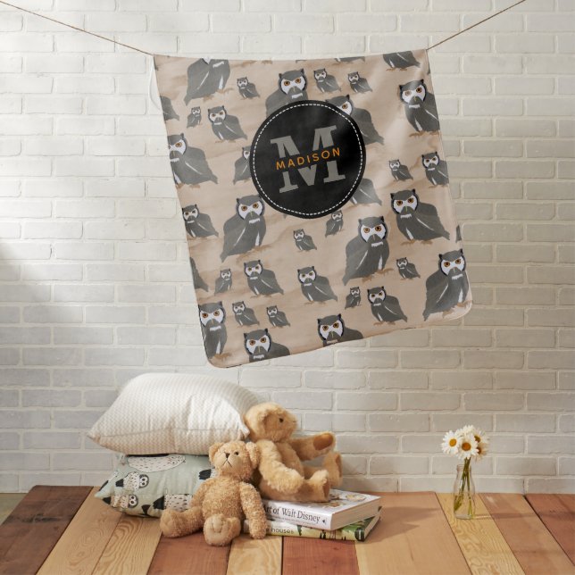 Owl Pattern & Rustic Wood Monogram Baby Blanket (In Situ)