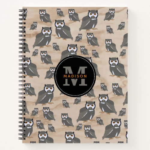 Owl Pattern  Rustic Wood Monogram Notebook