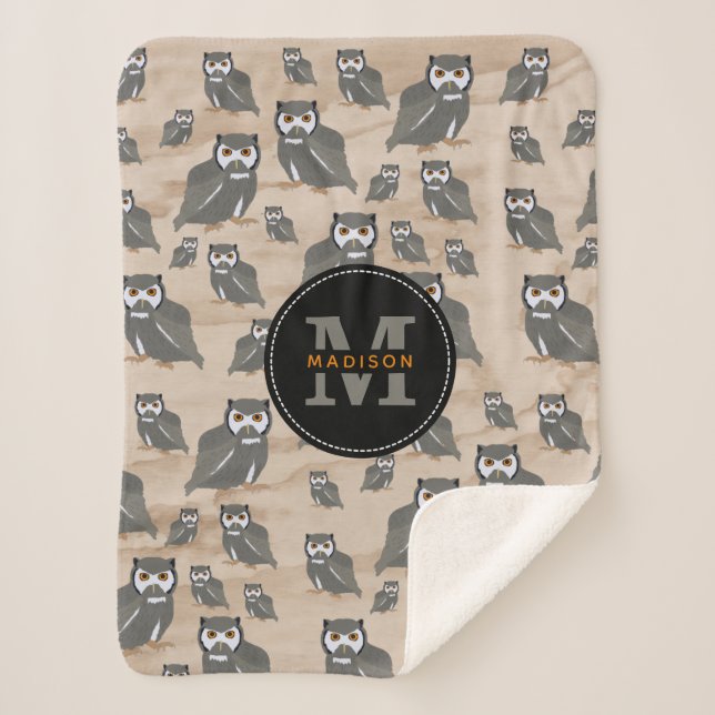 Owl Pattern & Rustic Wood Monogram Sherpa Blanket (Front)