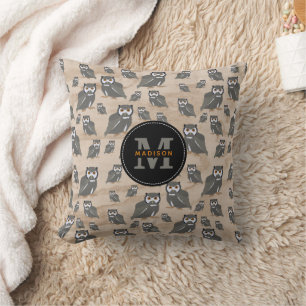 Owl Pattern & Rustic Wood Monogram  Throw Pillow