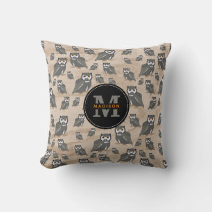 Owl Pattern & Rustic Wood Monogram  Throw Pillow