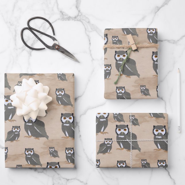 Owl Pattern & Rustic Wood  Wrapping Paper Sheets (Front)