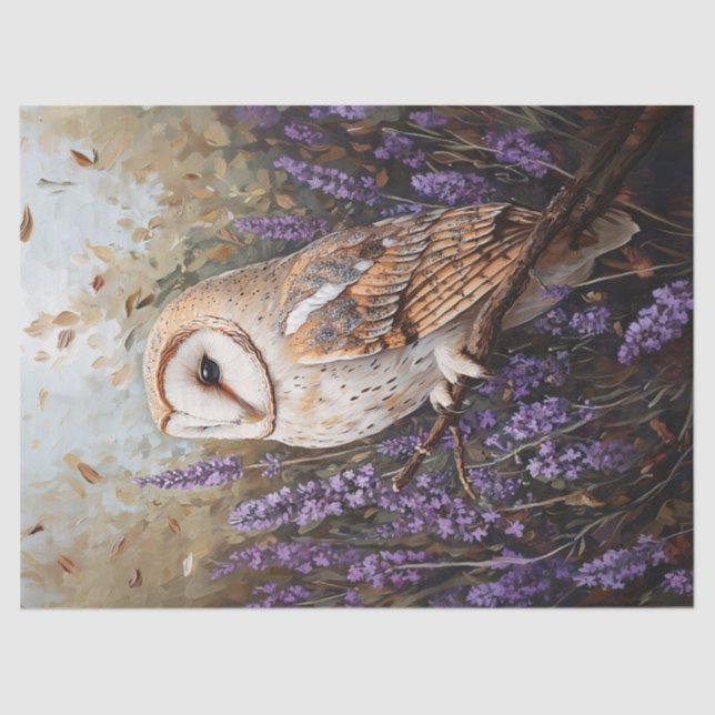 Owl Perched Among Lavender Flowers Decoupage Tissue Paper (Front)