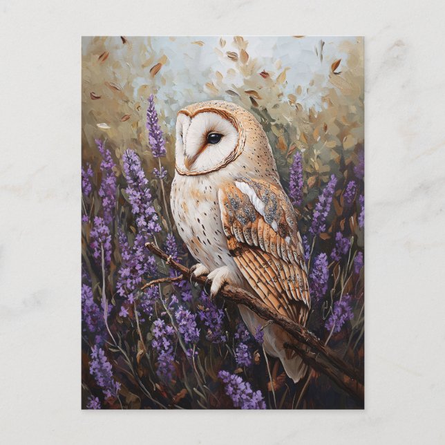 Owl Perched Among Lavender Flowers Postcard (Front)