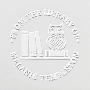 Owl Perched on Books on Shelf Library Name Embosser