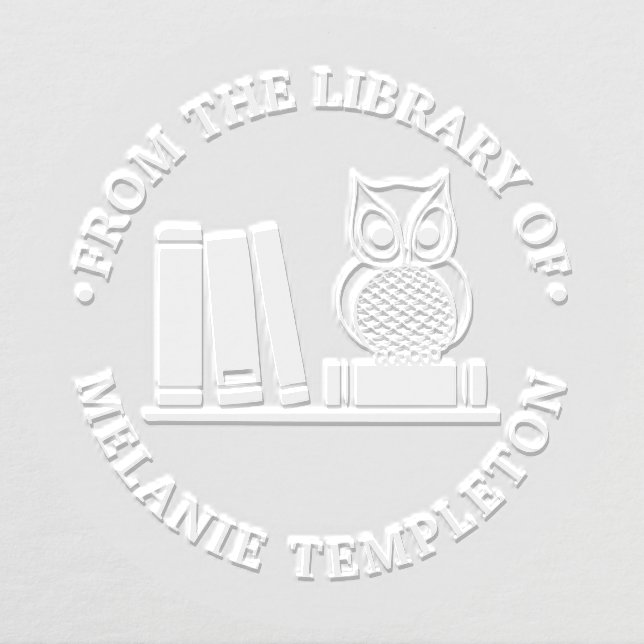 Owl Perched on Books on Shelf Library Name Embosser (Design)