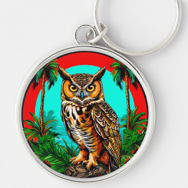 🦉 Owl Perched On Rock Tropical Scene🦉 Keychain (Front)
