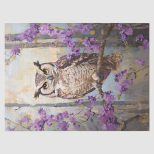 Owl Perched Purple Flowers Painting Decoupage Tissue Paper