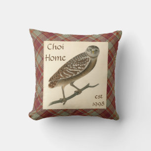 Owl Personalized Red Plaid Throw Pillow