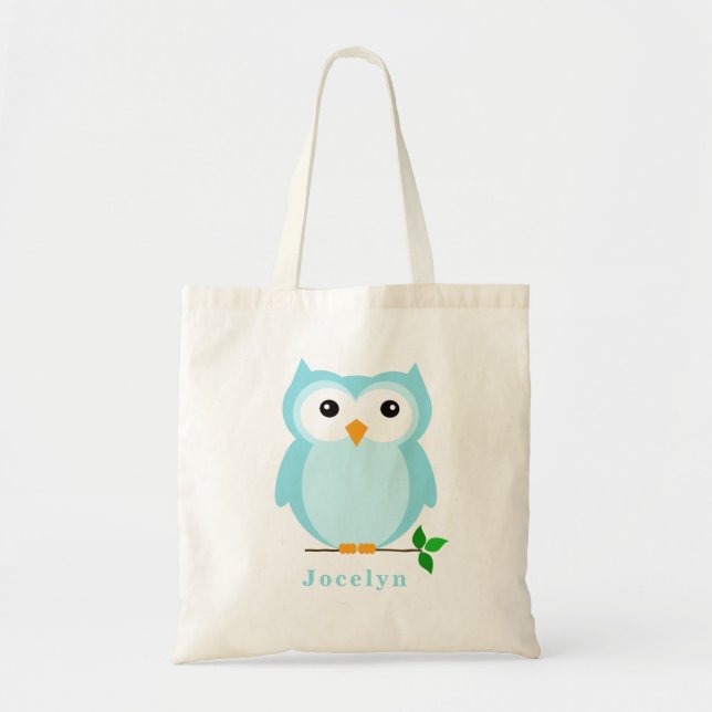 Owl Personalized Tote Bag, Blue (Front)