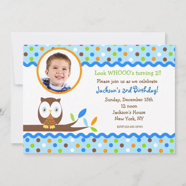 Owl Photo Birthday Party Invitations Boy (Front)