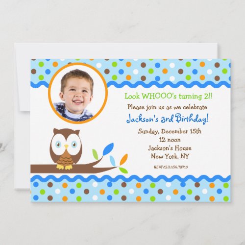 Owl Photo Birthday Party Invitations Boy