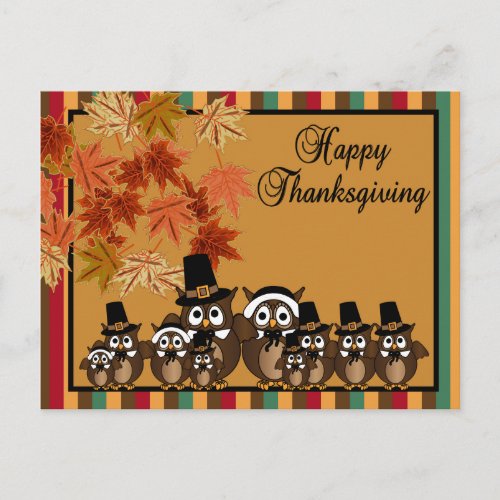 Owl Pilgrim Family Thanksgiving Holiday Postcard