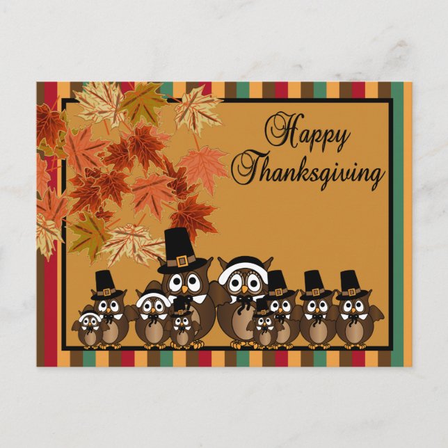 Owl Pilgrim Family Thanksgiving Holiday Postcard (Front)