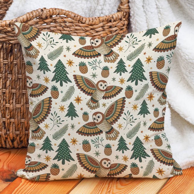 Owl Pine Trees Cones Stars  Nature Warm  Throw Pillow (Owl and pine trees pillow)