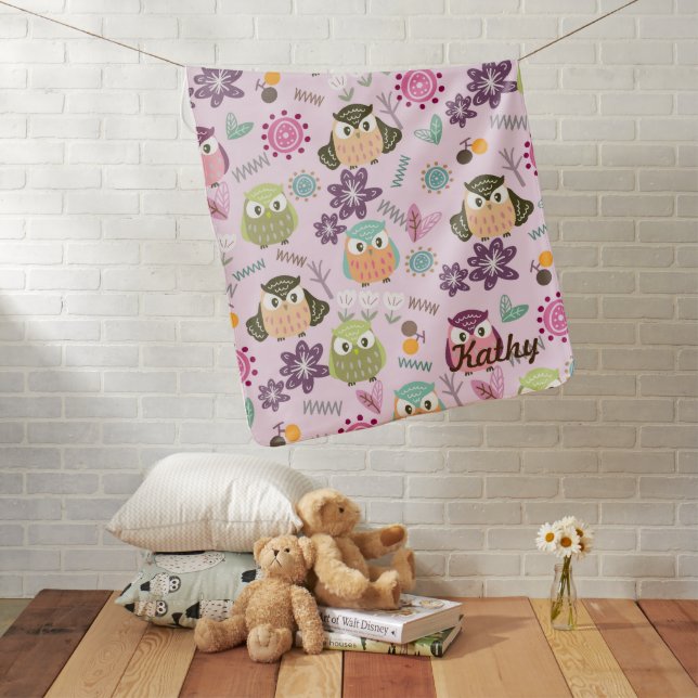 Owl Pink Baby Blanket Personalize (In Situ)