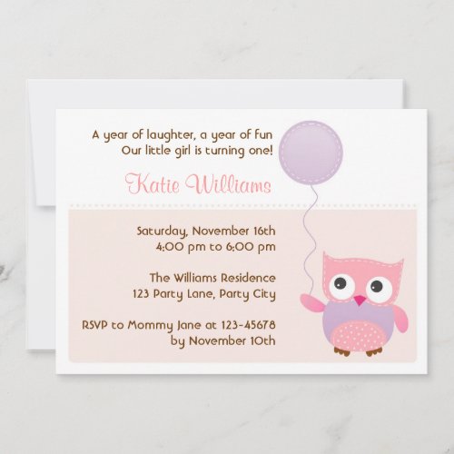 Owl (Pink) Birthday Party Invitation for Girls