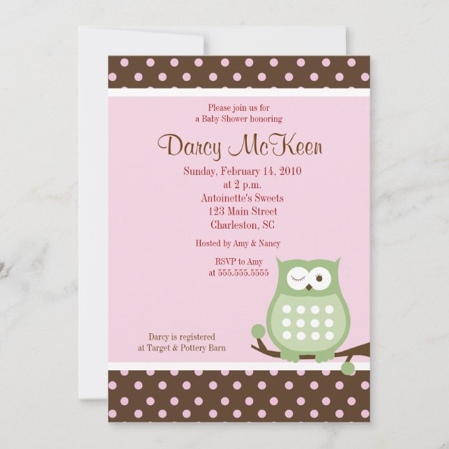 Owl Pink & Brown Dot Baby Shower Invitation (Front)