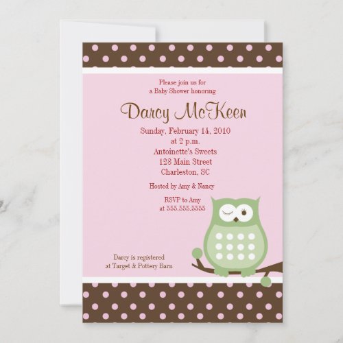 Owl Pink &amp; Brown Dot Baby Shower Invitation