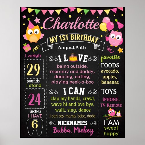 Owl pink First birthday chalkboard sign