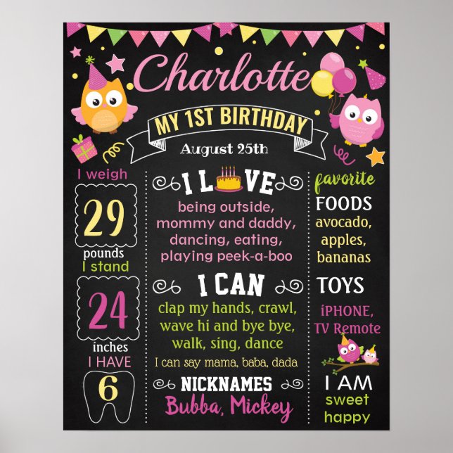 Owl pink First birthday chalkboard sign (Front)