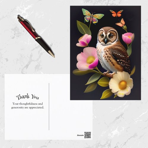 Owl Pink Floral Butterflies Illustration Postcard