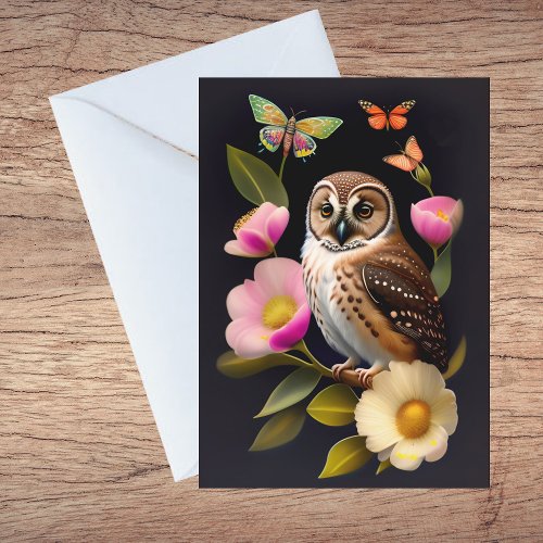 Owl Pink Floral Butterflies Illustration Thank You Card