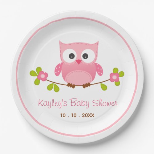 Owl Pink Girl Baby Shower Paper Plates