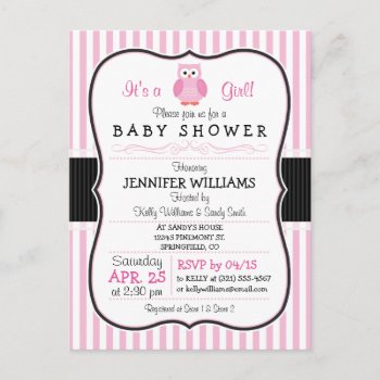 Owl; Pink Stripes Baby Shower Invitation by Card_Stop at Zazzle