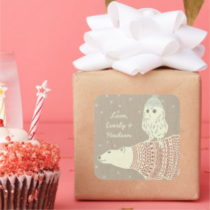 Owl Polar Bear Knitted Hats and Sweaters Stars Too Square Sticker