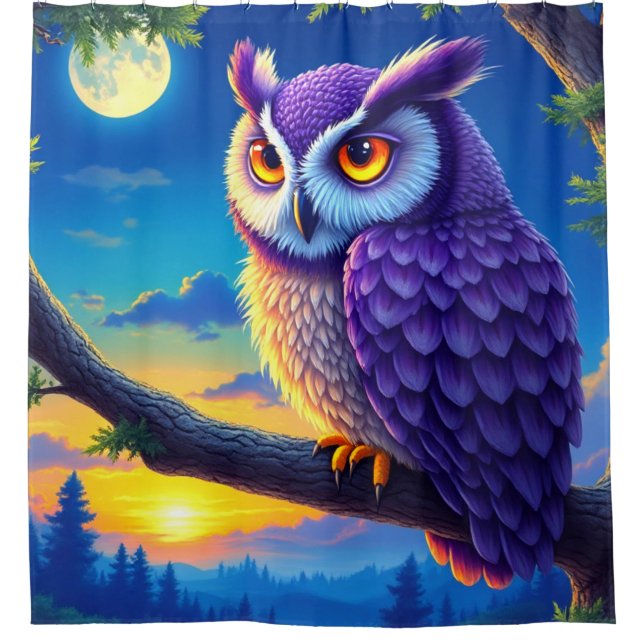 Owl Portrait Luminous Moonlit Branch Shower Curtain (Front)