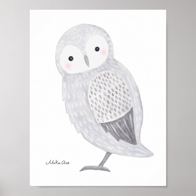Owl Poster Snow Owl Illustration Owl Nursery Art (Front)