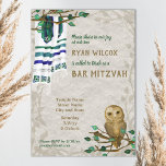 Owl, Prayer Tallit, Green Bar Mitzvah Invitation<br><div class="desc">Announce your Bar Mitzvah with a wise owl and beautiful teal green and blue prayer shawls hanging from leafy branches. Coordinated blue and brown stationary completes the look. Wise owl and leafy green branches are versatile for nature, tree of life, rustic forest, woodland themes. Teal green, beige, and blue artwork...</div>