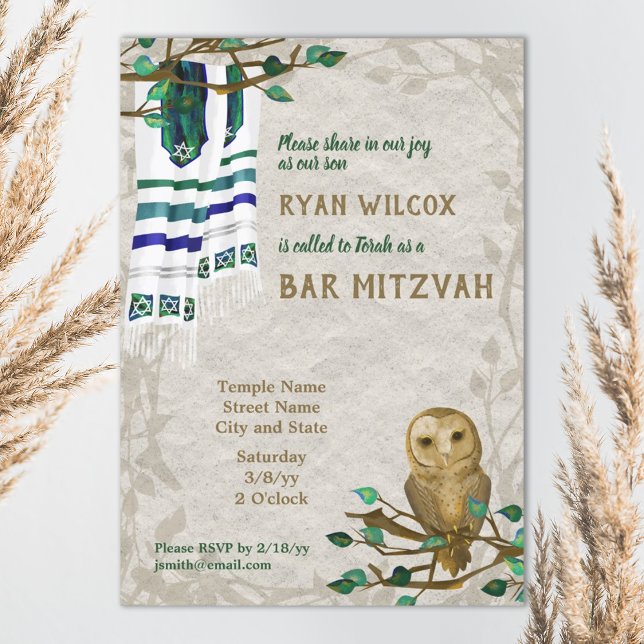 Owl, Prayer Tallit, Green Bar Mitzvah Invitation (beige, blue, teal owl nature forest bar mitzvah invitation with tallit prayer shawl)